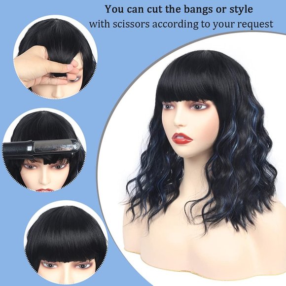 Women 14 Inches Black Mixed Blue Synthetic Short Curly Wigs with Bangs - Picture 5 of 15